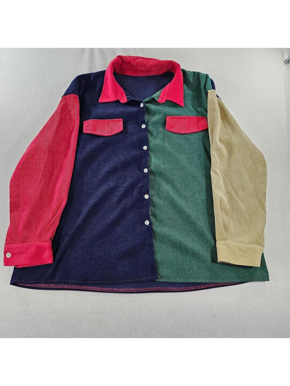 Shein Colorblock Corduroy Button Up Shirt Womens 3XL Retro 80s 90s Style